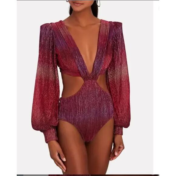 PatBO Ombre Lurex Plunging V-Neck Cut Out Bodysuit Womans Small